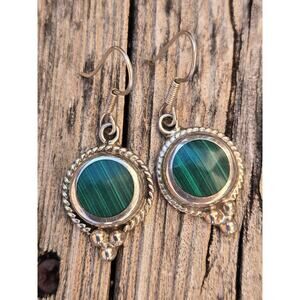 Vintage Mexico 925 Sterling Silver and Malachite Dangle French Wire Earrings